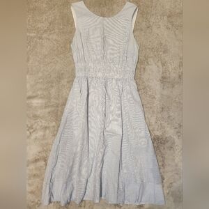 1901 Sensible Light Blue Striped Lined Midi Dress With Pockets.